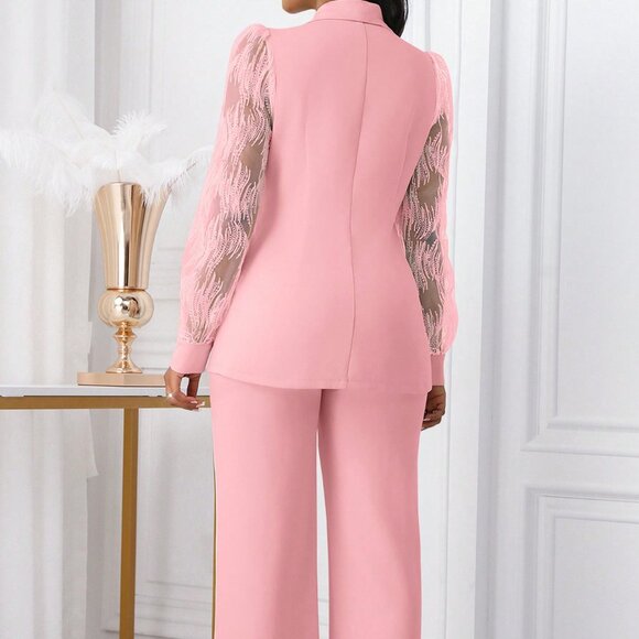 Pink Elegant Women's Lace Button Design Waist Cinched Outfit - Picture 2 of 8